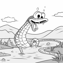 a snake in a lake with a rake on the side of the lake