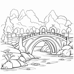 a lake with a bridge and elves