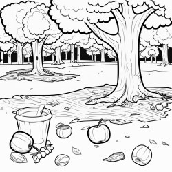 zoomed out picture of a park with 4 pieces of garbage hidden around the park an apple core old boot used pop can and candy wrapper