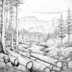 log cabbin trees and mountains