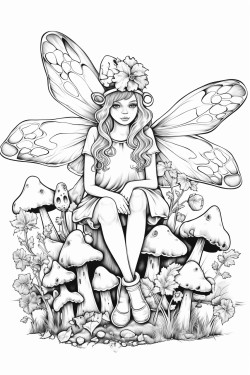 a fairy sitting on a mushroom surrounded by butterflies