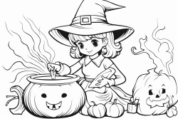 a retro pumpkin dresses as a witch stirring a cauldron with a spoon in a room full of potions