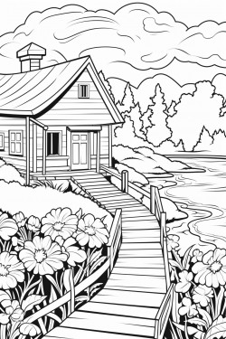 switzerland landscape with a quaint stone house surrounded by flowers wooden dock extending into a lake