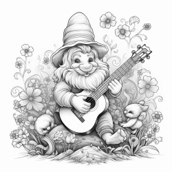 a whimsical garden gnome playing a ukulele under a rainbow