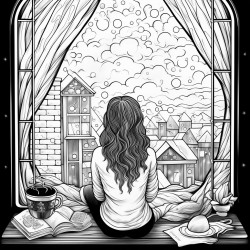 raining girl back window books coffee  coloring sheet