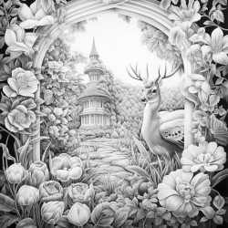rose garden with animals in it