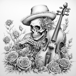 a skeleton playing a gothic violin with roses growing around it