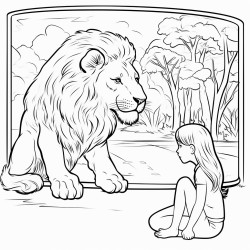 little girl at the zoo watching a lion laying down within the lion encloseire