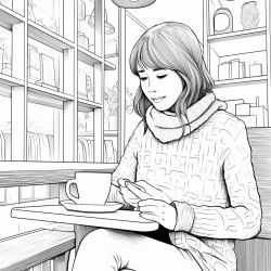 girl sitting in coffee shop crocheting