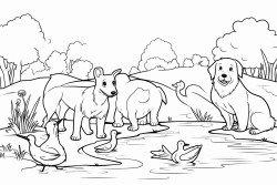 animals in the park a bird a cat a dog a frog a horse a fish in a pond a rabbit