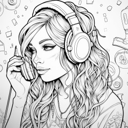 emo girl that has red end of her hair with gaming headphones listening to music on herphone