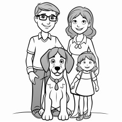 five year old girl with pigtail braids and glasses with her mom and dad and a beagle