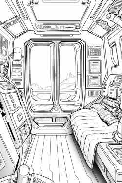 spaceship cabin bed screens desktop space futuristic detail coloring book
