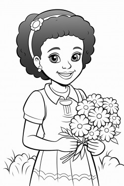 a black girl with a radiant smile holding a bouquet of flowers in a garden