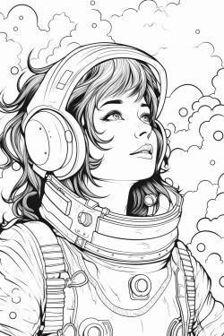 a girl in an astronaut costume looking up at the sky