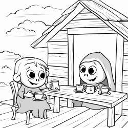 a ghost enjoying tea at a cabin