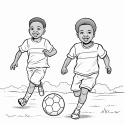 a professional  sketch drawing of 2 african chlidren playing  soccer for coloring book