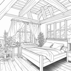 hygge decor bedroom with a wooden panned window and wooden beams on the ceiling a side view of a hygge styled bed