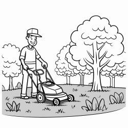 man pushing lawnmower in garden with trees