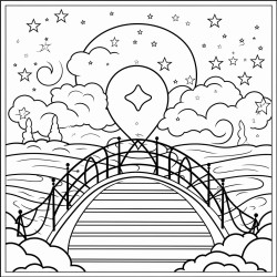 a glowing heart with a bridge and natural elements the heavens and the stars