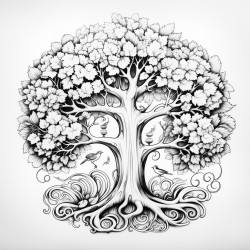 create a magical tree with mandla pattern on it and zentangle nature art with thick lines
