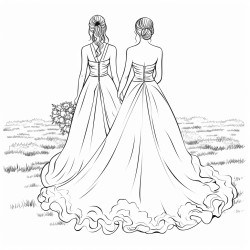 the back a thin bride and a larger bride in wedding dresses in a field of