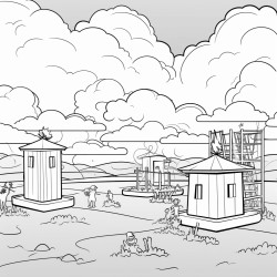 prison in an empty field with clouds above and prisoners working