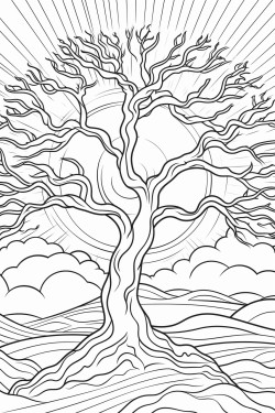 winter tree scene with the sun shining and sun rays