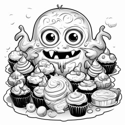 cute monsters baking halloween treats like eyeball cupcakes and spider cookies