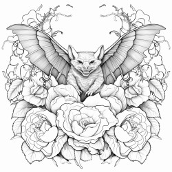 tattoo style bat surrounded by peonies