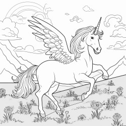 unicorn with wings majestically eating grass in a meadow