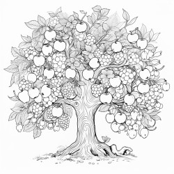 create a tree with fruits and flower capture everything in detail