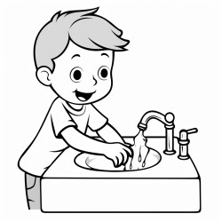 a kid rubbing and washing his hands under the tap water image should be black and white