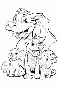 dragon playing with a dog and cat