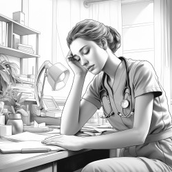 nurse hands over her face behind a desk tired