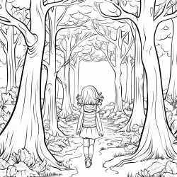 a young girl walking down a path surrounded by towering trees with whimsical twisted branches and oversized leaves