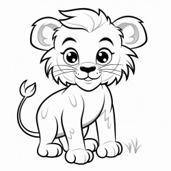 black and bright white whimsical cartoon lion cub full body on white background coloring page