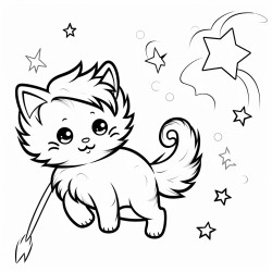 a fluffy cat with a cometshaped tail chasing a shooting star
