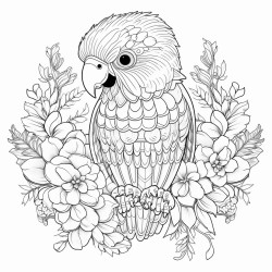 a parakeet with flowers and berries in mandala style