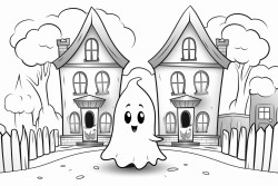 a cute spooky halloween street with two ghosts floating down it