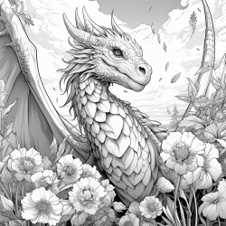 dragon flying up from a field of flowers