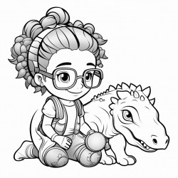 a little mixed girl with glasses with a puff ponytail playing with an ankylosaurus