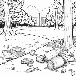 zoomed out picture of a park with 4 pieces of garbage hidden around the park an apple core old boot used pop can and candy wrapper