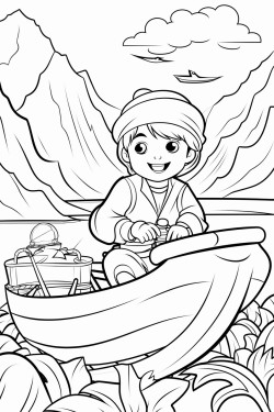 pirate sitting inside a pumpkin boat mountains in the background