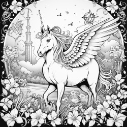 magical forest with flying unicorns coloring page