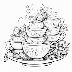 6 tea cups floating around books in background