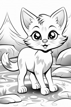 cute little cat walking in a froest with river at the side