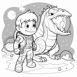 a brave astronaut exploring a mysterious planet with a giant dragon