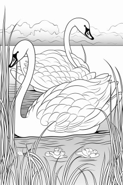 2 swan on a lake stylized with plants