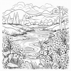 meadows with flowers and a small river